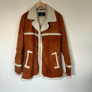 Men’s Brown Suede Shearling 1970s Retro Penny Lane Coat Jacket Size Small